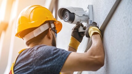 CCTV installation worker fixing a camera A close-up of a technician adjusting a surveillance camera with tools in hand