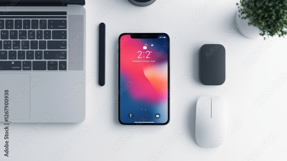 Aufkleber flat lay setup featuring laptop, smartphone, and desk accessories during a productive work session a