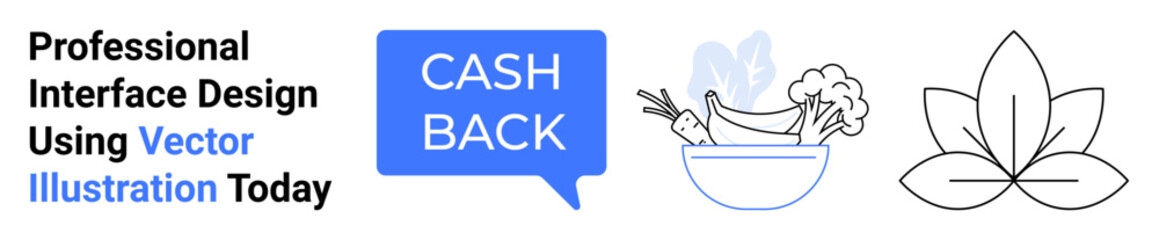 Cashback message in speech bubble, bowl of vegetables for healthy lifestyle, and wellness leaf motif. Ideal for finance services, health, wellness, marketing, nature, UI flat landing page banner