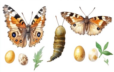 Naklejka premium Lifecycle Stages of Painted Lady Butterfly in Botanical with Vintage Naturalist Style and Earthy Color Tones