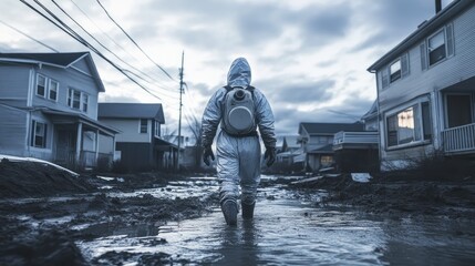 Fototapeta premium Flood aftermath scene--a lone figure in protective clothing walking through muddy waters, surrounded by submerged homes.