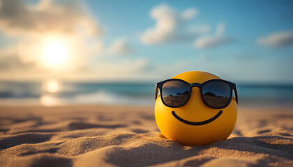 Naklejka premium Smiley face emoji with sunglasses sitting on a sandy beach under a bright sun