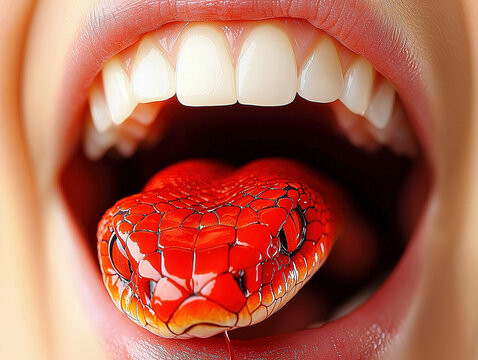 Bright red snake resting inside an open mouth