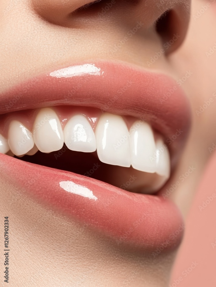 Aufkleber close up view of teeth before and after whitening treatment with clean and bright results in a neutr
