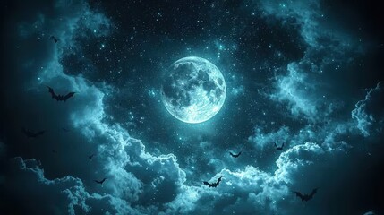 Bats fly across a mystical night sky beneath a full moon