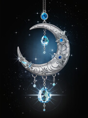 Fototapeta premium Elegant silver crescent moon pendant adorned with sparkling gemstones