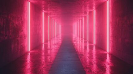 Pink Neon Lights Illuminate Concrete Corridor