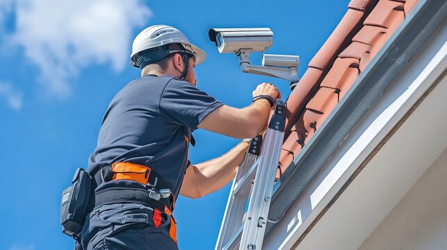Professional mounting a security camera on a high wall A surveillance technician on a ladder securing a CCTV system.