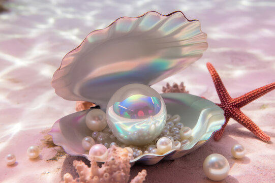 Beautiful pearl inside a shimmering shell on a sandy ocean floor