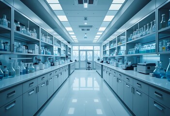 Interior design and layout of a scientific lab.