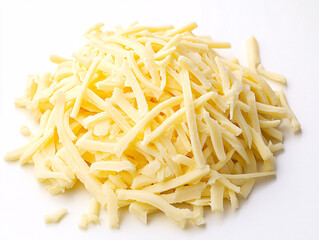 A soft and freshly grated pile of white cheese rests on a clean surface showcasing its delicate shredded texture and creamy appearance  
