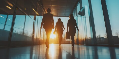 Businesswomen walking towards sunset in modern office corridor
