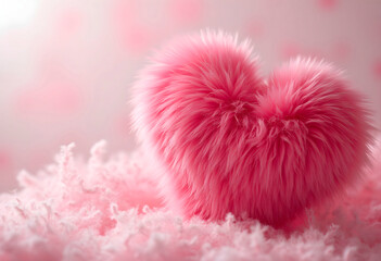 Large fluffy pink heart made of faux fur on a light background. Cute romantic toy.