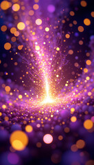 Asymmetric purple and yellow light burst – abstract cosmic glow with luminous bokeh and fractal energy