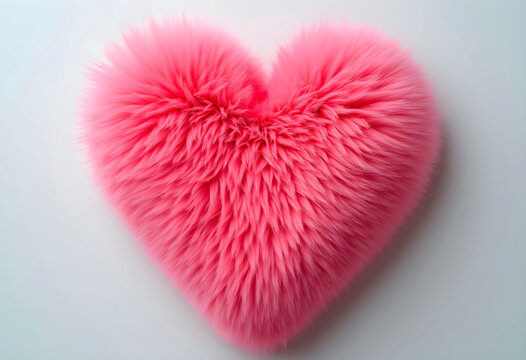 Large fluffy pink heart made of faux fur on a light background. Cute romantic toy.