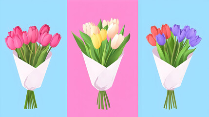 Colorful Tulip Bouquets on Vibrant Backgrounds in Pastel Shades