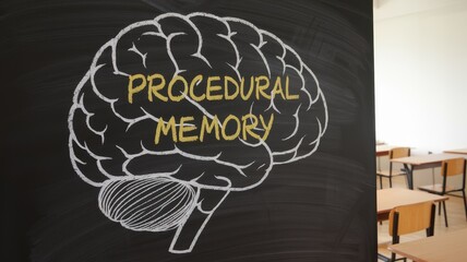 Brain illustration on chalkboard labeled with procedural memory concept