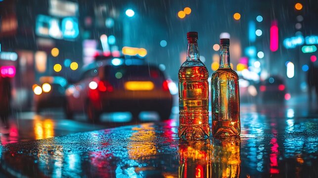 night city accident with alcohol bottles scattered across road police car lights illuminating crash aftermath dangerous driving behavior and violent conflict highlighting transportation risks