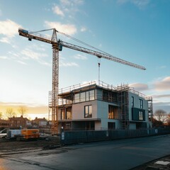 Construction site, crane, apartment building, sunrise, city, urban