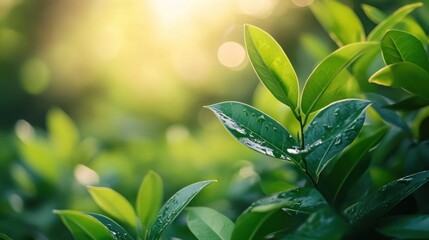Sunlight Dappled Dewy Green Tea Leaves