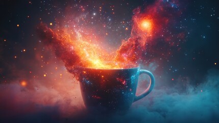 a cup of coffee with cosmic nebula bursting from it.