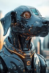 Futuristic robotic dog with a sleek black metallic body, glowing orange cybernetic details, and advanced AI features, set against a blurred cityscape in a high-tech sci-fi environment