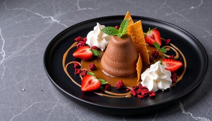 Chocolate dessert with strawberries on black plate, professional food photo
