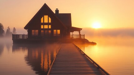 Fototapeta premium A Frame Cabin Sunrise Lake Mist Wooden Dock