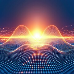 Abstract Digital Landscape Glowing Network Mesh with Bright Sunrise
