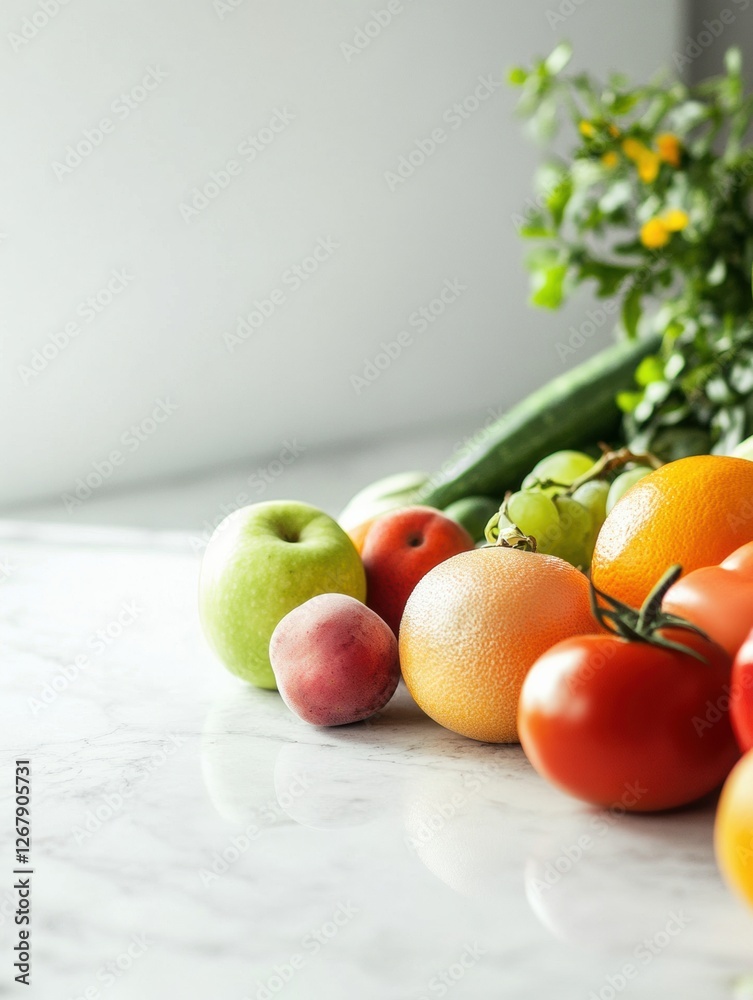 Poster freshly arranged fruits and vegetables on a marble countertop in natural light during the day. gener