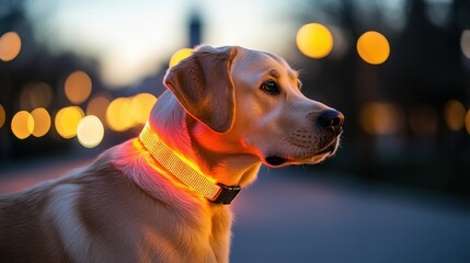 Golden retriever wearing a glowing LED safety collar in an urban setting at dusk with blurred city lights in the background