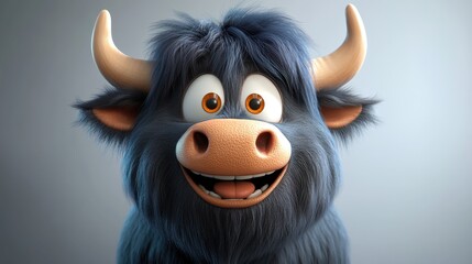Fototapeta premium A cartoonish bull with big horns and a big smile. The bull is looking at the camera and he is happy