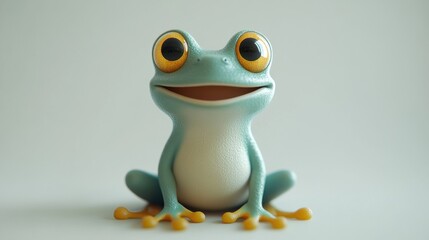 Obraz premium A cartoon frog is sitting on a white background with a big smile on its face. The frog's eyes are wide open, and it is happy and content. Concept of joy and playfulness