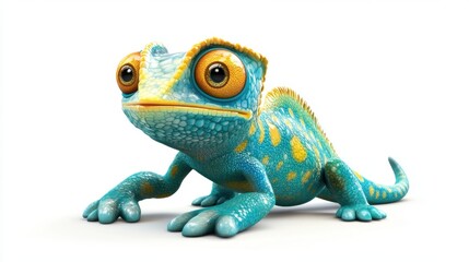 Obraz premium A cartoon chameleon with a yellow face and blue body. The lizard is looking at the camera. The lizard is on a white background