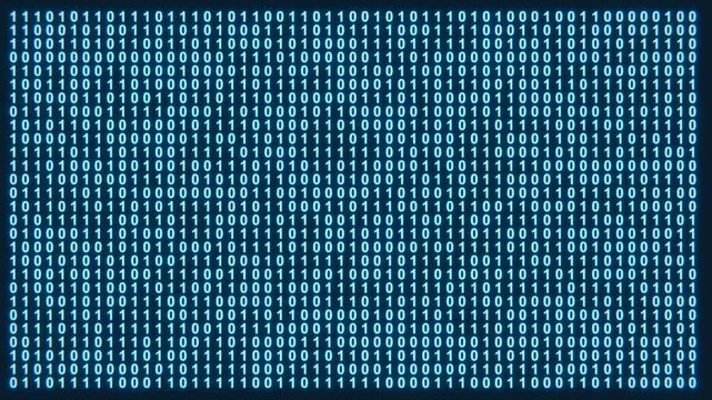 Binary code matrix array background, empty copy space area for logo or text vfx design. Shiny numbers of 1 and 0 animated to change randomly. Technology and programming layer screen overlay effect. 