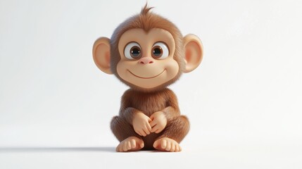 Obraz premium A cute cartoon monkey is sitting on a white background. The monkey has a big smile on its face, and its eyes are wide open. Concept of happiness and playfulness
