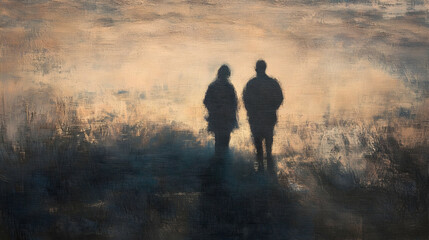 Fototapeta premium Two shadows cast by people walking in the evening light