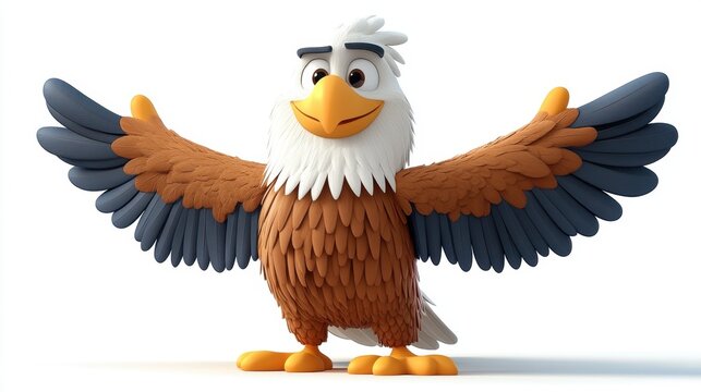 A cartoon eagle with a big smile on its face. The eagle is standing on a white background