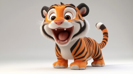 A cartoon tiger is smiling and has its mouth open. The tiger is wearing a red and black striped coat