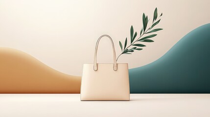 Stylish Handbag With Green Leaf Against Soft Color Background