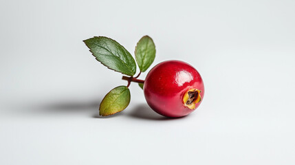 A single bright red lingonberry with leaves on a white background