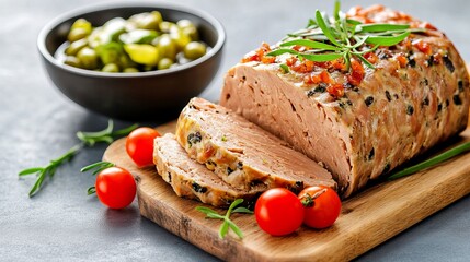 A delicious loaf of meatloaf, sliced and ready to be served, garnished with fresh herbs and cherry tomatoes.