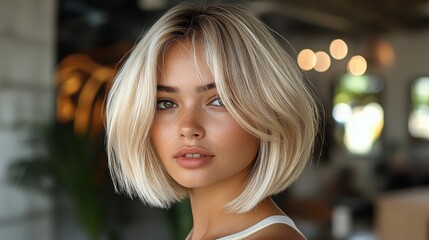 Fototapeta premium A blonde woman with a short haircut poses for the camera. She has a bright smile and her eyes are closed