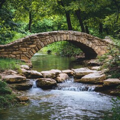 Ancient Stone Bridge Over Flowing Creek Waters Amidst Lush Forest Greens Natural Beauty Scene