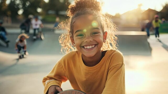 A joyful young girl with a bright smile leans on her skateboard at a skate park, bathed in warm golden sunlight. Her curly hair glows in the light, capturing the energy and excitement of outdoor fun 