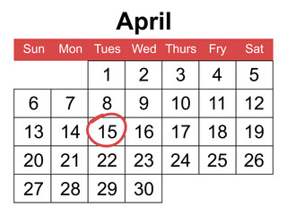 Calendar page of USA Tax Day, April 15 calendar, Tax Day concept