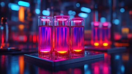 Three glasses of a purple liquid are on a table. The liquid is glowing and the glasses are illuminated. The scene is set in a laboratory or a bar