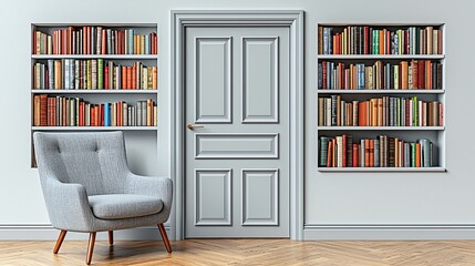 Quiet reading room, bookshelves, door, armchair