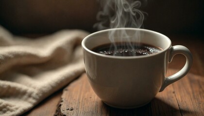 Fototapeta premium Steamy Coffee Mug on Wooden Table
