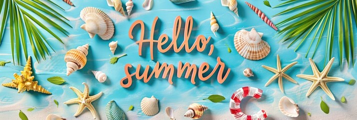 Tropical palm leaves, seashells and starfish with the inscription "Hello summer" on a blue background create a vibrant summer theme.